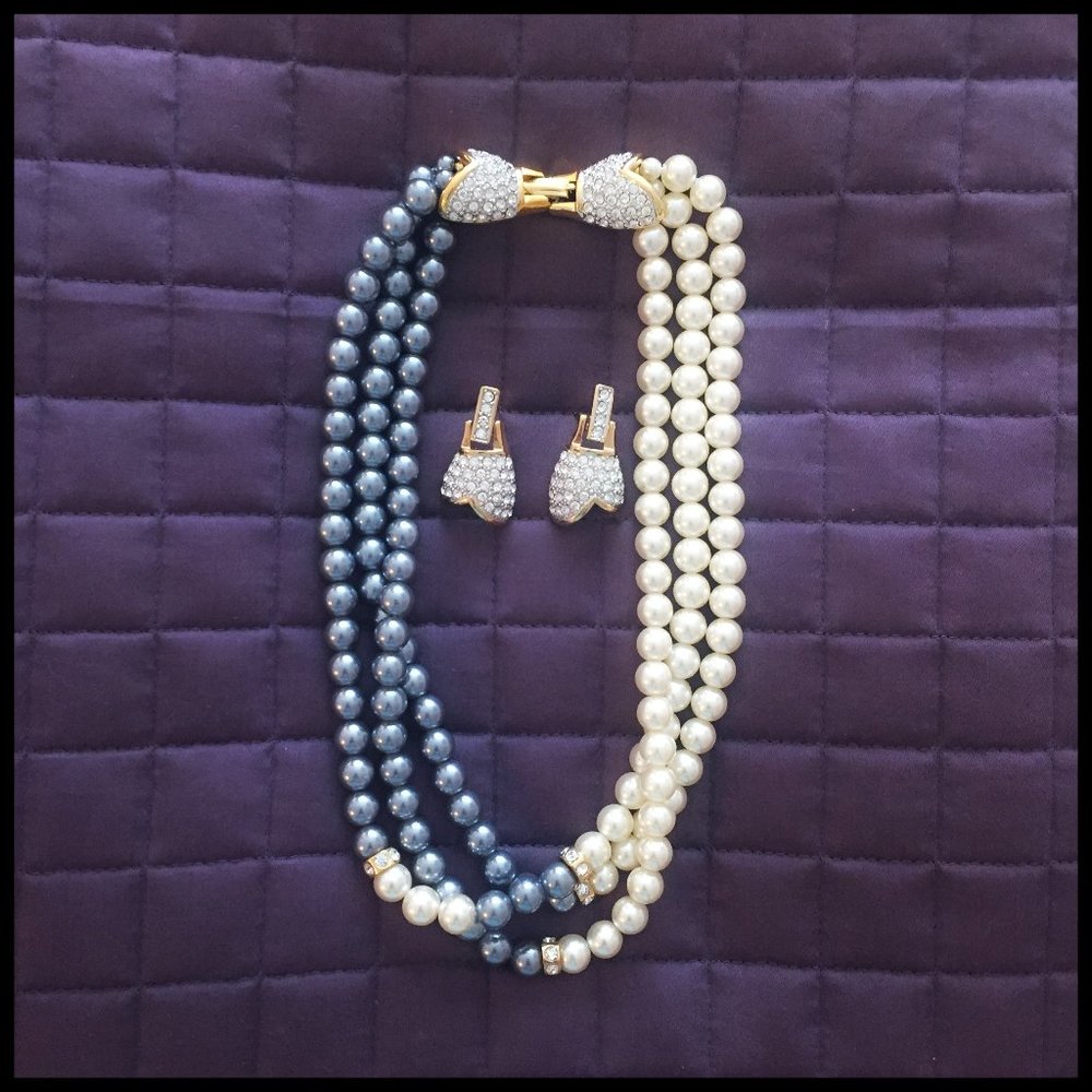 1928 Jewelry Triple Strand Grey & Pearl Necklace - Picture 2 of 7